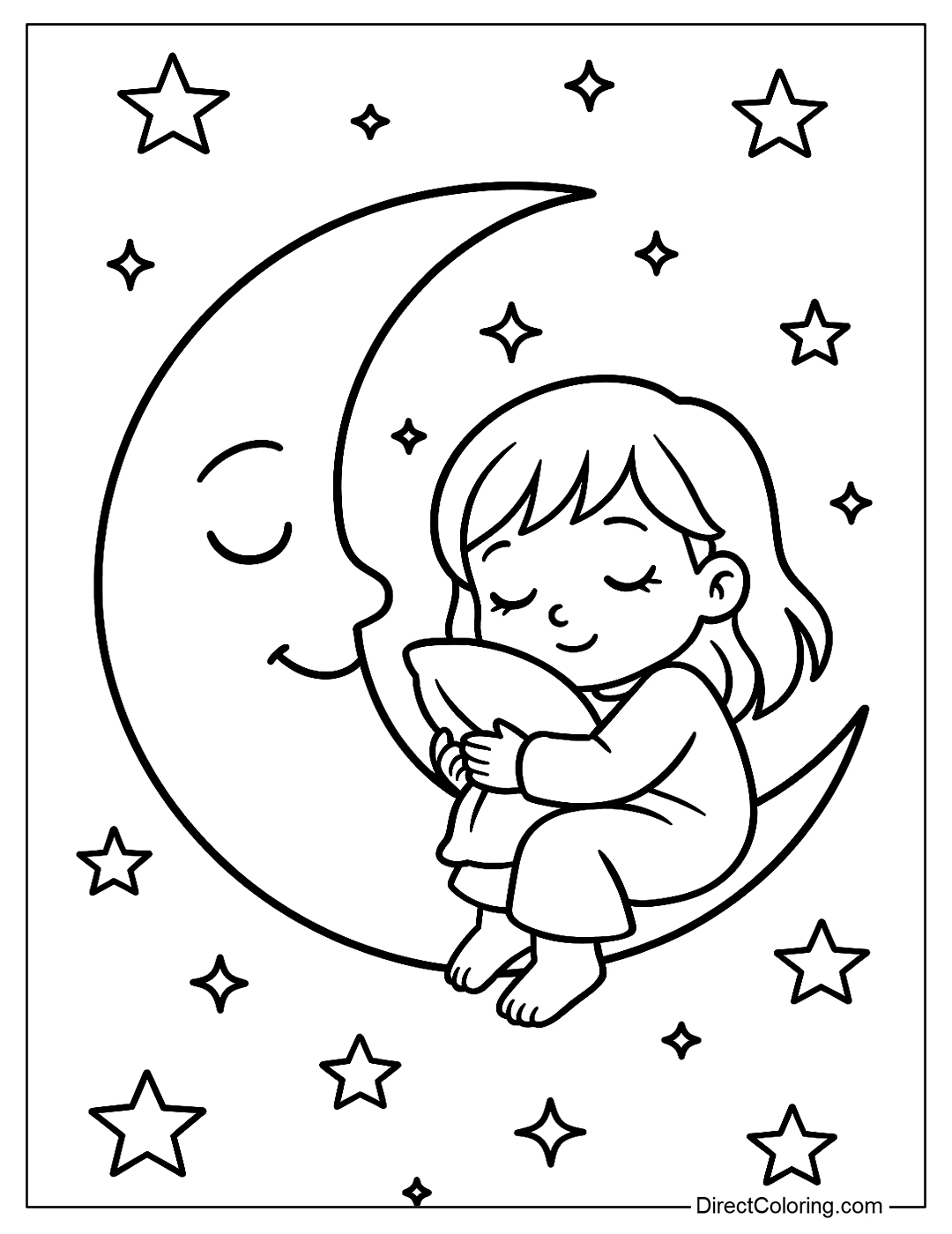 Coloring page of a little girl hugging a pillow sleeping peacefully on the moon's back, surrounded by sparkling stars